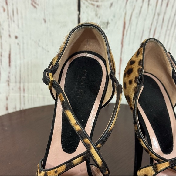 GUCCI Pony Hair Suede Leopard Print Crisscross  Peep Toe platform Heels 36.5 EUC - Picture 8 of 17